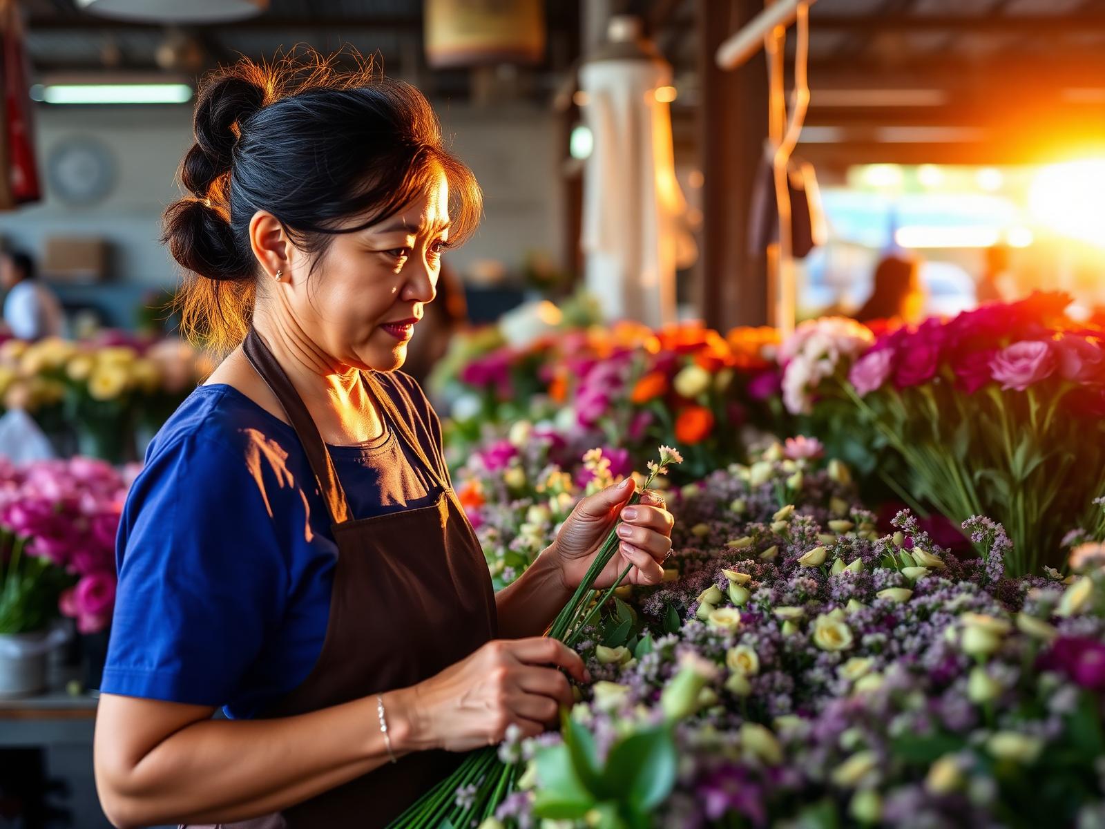 Florist selecting stems at dawn
