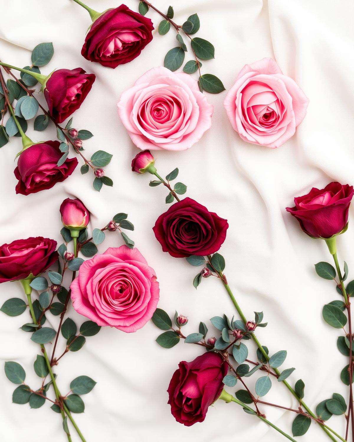 Editorial flat lay of garden roses
