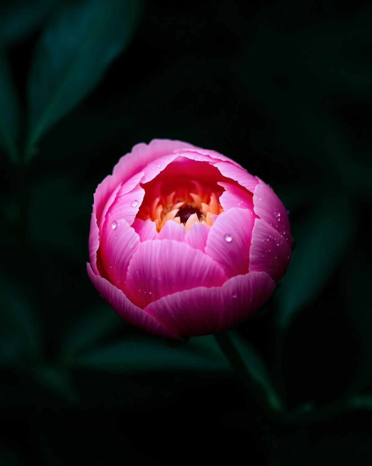 Macro of a blush peony on forest green