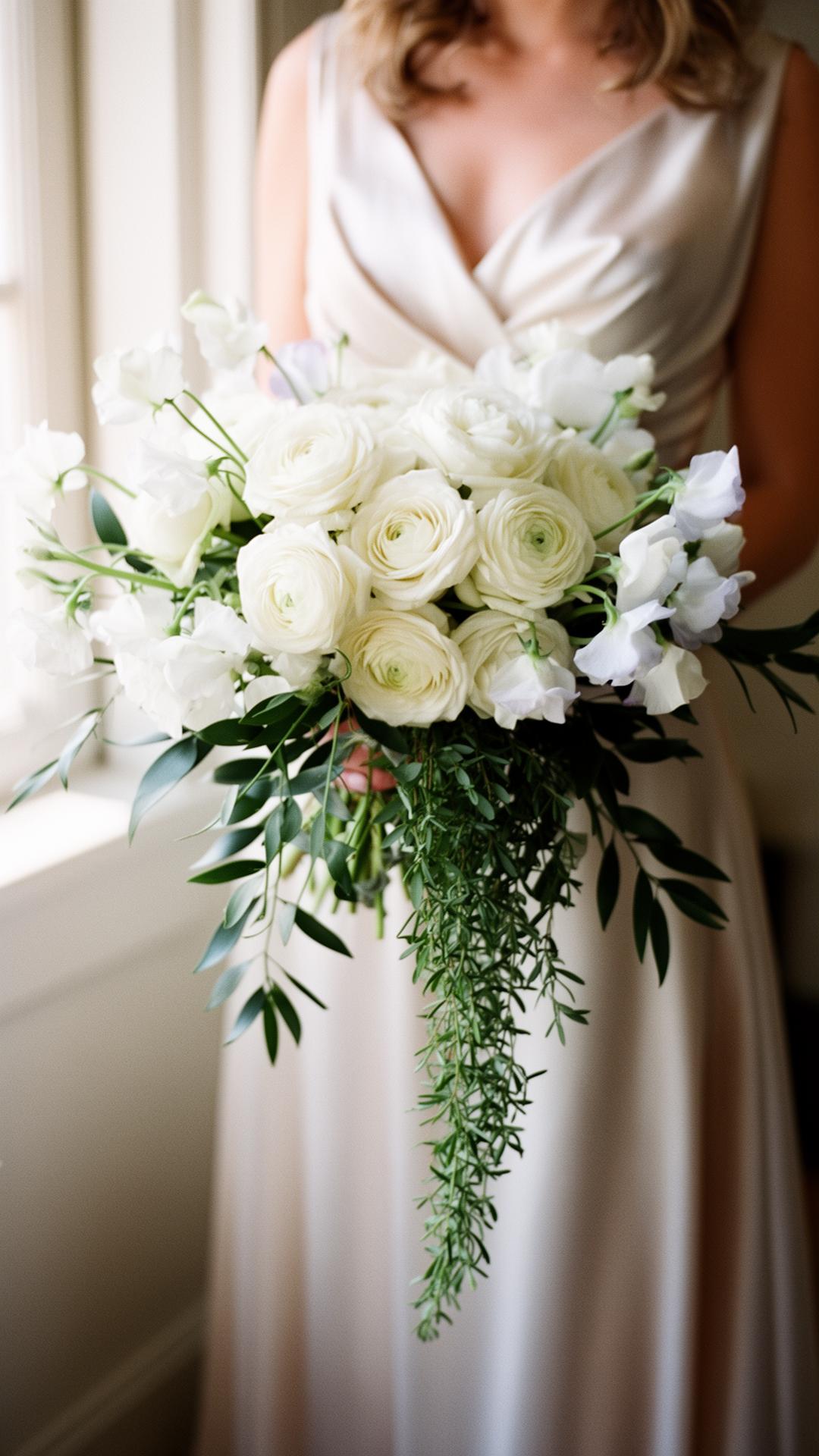 Bride holding white ranunculus bouquet